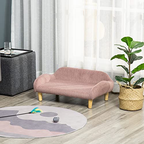 PawHut Sofá para Mascotas Tapizado en Terciopelo Suave Sofá Cama para Perros Gatos Medianos Pequeños Acolchado Grueso con Patas de Madera 70x40x28 cm Rosa