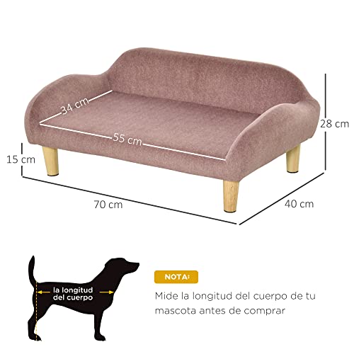 PawHut Sofá para Mascotas Tapizado en Terciopelo Suave Sofá Cama para Perros Gatos Medianos Pequeños Acolchado Grueso con Patas de Madera 70x40x28 cm Rosa