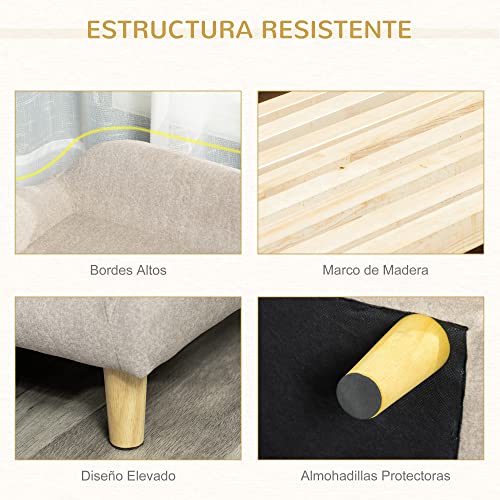 PawHut Sofá para Mascotas Tapizado en Terciopelo Suave Sofá Cama para Perros Gatos Medianos Pequeños Acolchado Grueso con Patas de Madera 70x40x28 cm Beige