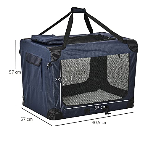 Pawhut Transportín Perro Gato Bolsa de Transporte Portátil y Transpirable para Mascotas Plegable con Cojín 3 Puertas y Ventana de Malla 2 Bolsillos 80,5x57x57 cm Azul Oscuro