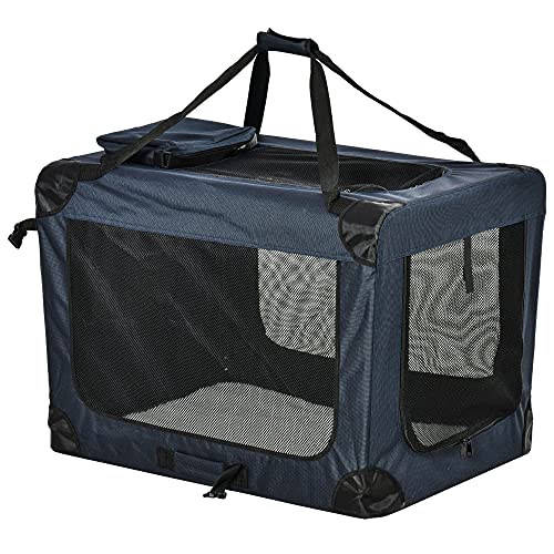 Pawhut Transportín Perro Gato Bolsa de Transporte Portátil y Transpirable para Mascotas Plegable con Cojín 3 Puertas y Ventana de Malla 2 Bolsillos 80,5x57x57 cm Azul Oscuro