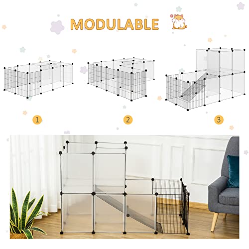 PawHut Valla para Animales Pequeños DIY con 21 Paneles de Resina y 6 Paneles de Alambre Jaula Modular de Plástico para Hámster Cobayas Conejos 140x70x90 cm Translúcido y Negro