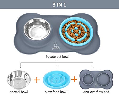 Pecute Comedero Lento para Perros Bol para Gatos Tazón Double para Mascotas Comer Lentamente 3-en-1 de Silicona e Acero Inoxidable y una Base de Silicona Antideslizante (M Azul)