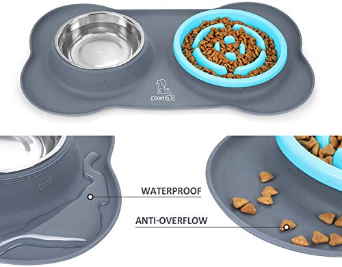 Pecute Comedero Lento para Perros Bol para Gatos Tazón Double para Mascotas Comer Lentamente 3-en-1 de Silicona e Acero Inoxidable y una Base de Silicona Antideslizante (M Azul)