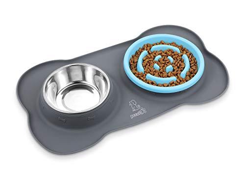 Pecute Comedero Lento para Perros Bol para Gatos Tazón Double para Mascotas Comer Lentamente 3-en-1 de Silicona e Acero Inoxidable y una Base de Silicona Antideslizante (M Azul)