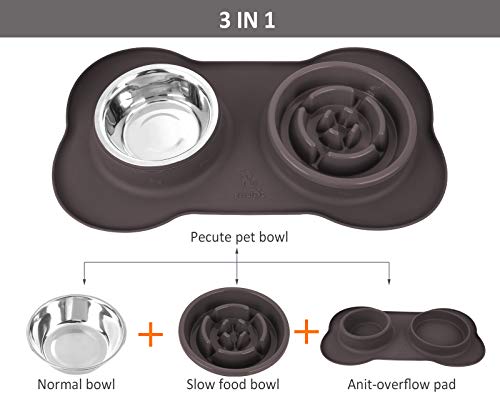 Pecute Comedero Lento para Perros Bol para Gatos Tazón Double para Mascotas Comer Lentamente 3-en-1 de Silicona e Acero Inoxidable y una Base de Silicona Antideslizante (L Marrón)