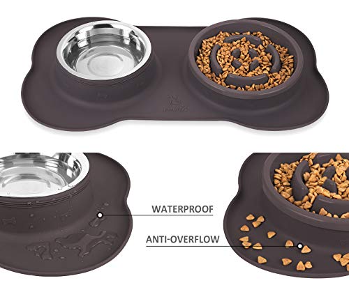 Pecute Comedero Lento para Perros Bol para Gatos Tazón Double para Mascotas Comer Lentamente 3-en-1 de Silicona e Acero Inoxidable y una Base de Silicona Antideslizante (L Marrón)