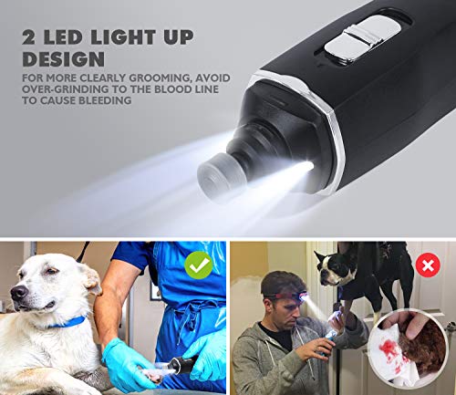 Pecute Lima de Uñas Eléctrica para Perro con Luz LED 2 Velocidades de Rotación Cortaunas Perro Recorte Suave y Seguro Batería de 1800 Mah 2 Horas de Carga rápida, DC5V Motor Potente(L+luz LED, Negro)