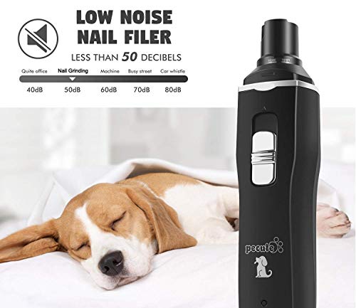 Pecute Lima de Uñas Eléctrica para Perro con Luz LED 2 Velocidades de Rotación Cortaunas Perro Recorte Suave y Seguro Batería de 1800 Mah 2 Horas de Carga rápida, DC5V Motor Potente(L+luz LED, Negro)