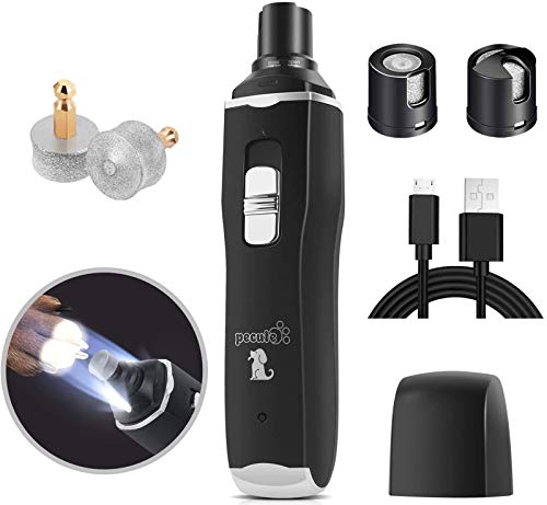 Pecute Lima de Uñas Eléctrica para Perro con Luz LED 2 Velocidades de Rotación Cortaunas Perro Recorte Suave y Seguro Batería de 1800 Mah 2 Horas de Carga rápida, DC5V Motor Potente(L+luz LED, Negro)