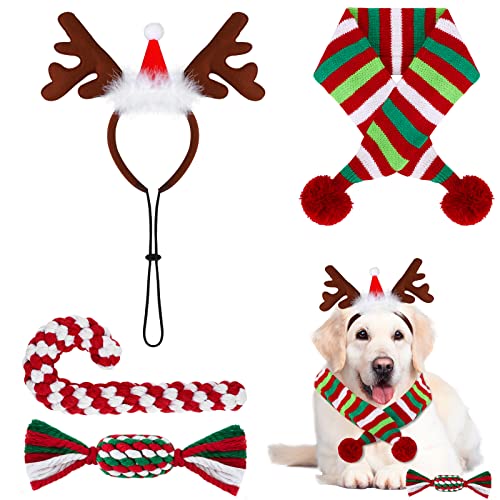 Pedgot Juego de 4 disfraces de Navidad para perro, incluye diadema de cuernos de alce, bufanda a rayas y juguetes de cuerda, trajes clásicos de vacaciones, accesorios para perros de mascotas