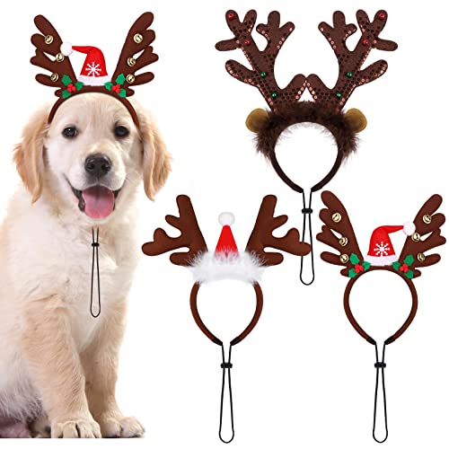 Pedgot Paquete de 3 sombreros de Navidad para mascotas, lazo para el pelo de Navidad con cuernos de reno, diadema para Navidad, accesorio para el pelo para perros