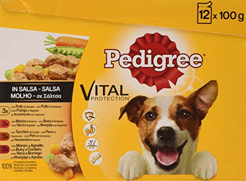 Pedigree Comida húmeda para Perros sabores Mixtos en Salsa, Multipack + Vital Protection – Comida para Perros en Bolsa, Salsa de Pollo, Ternera, Ave y Cordero, 40 x 100 g, Paquete Grande