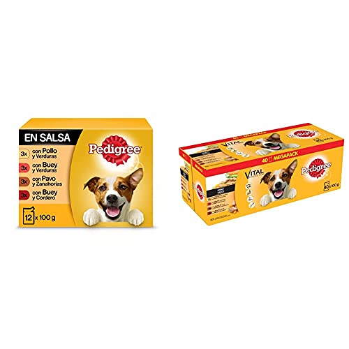 Pedigree Comida húmeda para Perros sabores Mixtos en Salsa, Multipack + Vital Protection – Comida para Perros en Bolsa, Salsa de Pollo, Ternera, Ave y Cordero, 40 x 100 g, Paquete Grande