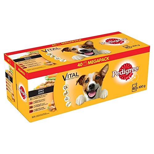 Pedigree Comida húmeda para Perros sabores Mixtos en Salsa, Multipack + Vital Protection – Comida para Perros en Bolsa, Salsa de Pollo, Ternera, Ave y Cordero, 40 x 100 g, Paquete Grande