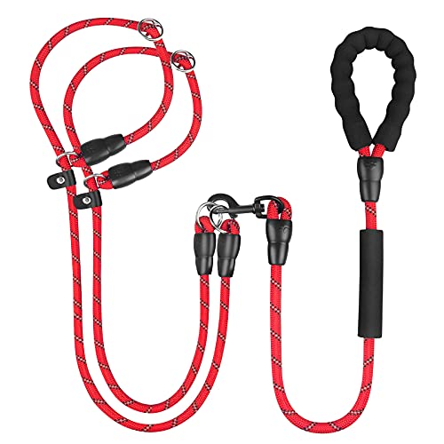 Pejoye Correa Dobles de Perro Adiestramiento 1.5m Larga Fuerte Nylon Reflectantes Ajustable Divisible Cuerda con Mango de Espuma 2 Suave para Pequeño Medianos y Grandes Perros Correr Camping(Rojo)