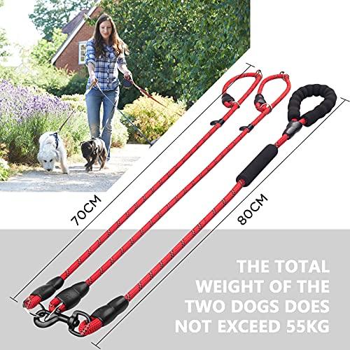 Pejoye Correa Dobles de Perro Adiestramiento 1.5m Larga Fuerte Nylon Reflectantes Ajustable Divisible Cuerda con Mango de Espuma 2 Suave para Pequeño Medianos y Grandes Perros Correr Camping(Rojo)