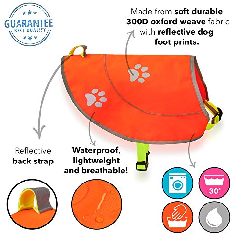 Perro Chaleco reflectante –Chaleco de caza impermeable amarillo de seguridad para mejor visibilidad en día y noche con claps, conectores cómodo tamaño ajustable, tallas XS, S, M, L, XL Color Naranja