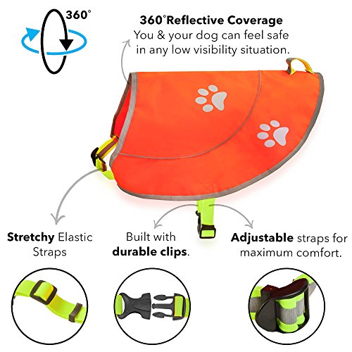 Perro Chaleco reflectante –Chaleco de caza impermeable amarillo de seguridad para mejor visibilidad en día y noche con claps, conectores cómodo tamaño ajustable, tallas XS, S, M, L, XL Color Naranja