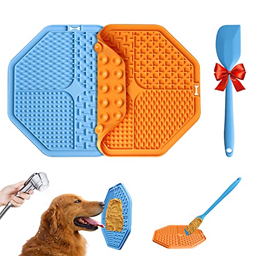 Perro Lamer Almohadilla, Almohadilla Lamer Mascotas, Perro De La Estera Lenta Alimentador, 2PCS Almohadilla De Silicona Duradera para Lamer con Espátula de Silicona (Azul+Naranja)