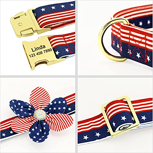 PET ARTIST Collar de perro con bandera americana, collar de perro personalizado y personalizado con lazos de flores, collar patriótico para hombre y mujer, rojo, M