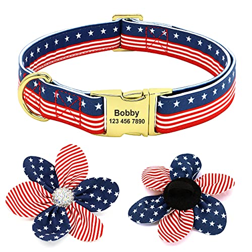 PET ARTIST Collar de perro con bandera americana, collar de perro personalizado y personalizado con lazos de flores, collar patriótico para hombre y mujer, rojo, M