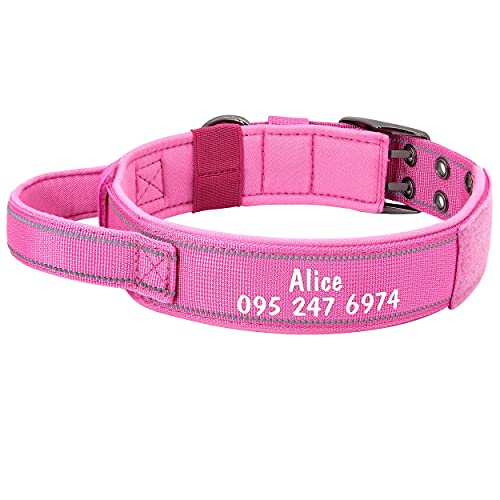 PET ARTIST Collar de perro militar ajustable con nombre y número de teléfono de mascota personalizados, collar con hebilla de metal resistente para perros medianos grandes,rosa,XL