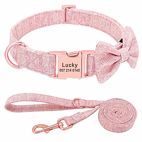 PET ARTIST suave y cómodo Collares personalizados para perro con pajarita desmontable,lindo collar y correa para perro con hebilla de oro rosa,collares ajustables para perros pequeños medianos grandes