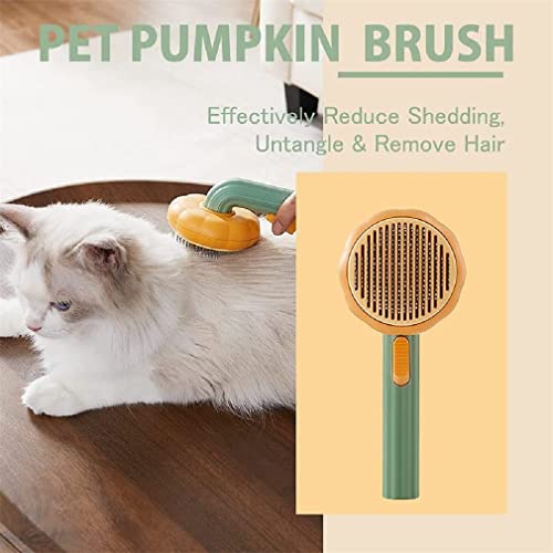 Pet Grooming Cepillos para masaje con autolimpieza, cepillo de calabaza para mascotas, elimina suavemente las alfombras sueltas y el pelo enredado para todas las mascotas (Calabaza + Verde)