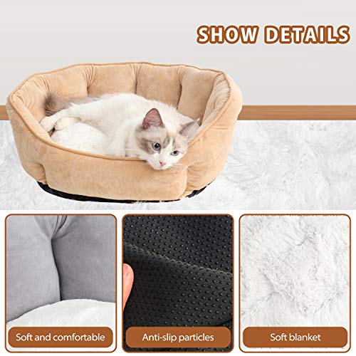 PETCUTE Cama de Perro Gato Mediano Sofá para Perro Lavable Cojín de Gato Ovalado Cama de Suave Gamuza para Mascotas Pequeños(Caqui 55 * 49 * 22cm)