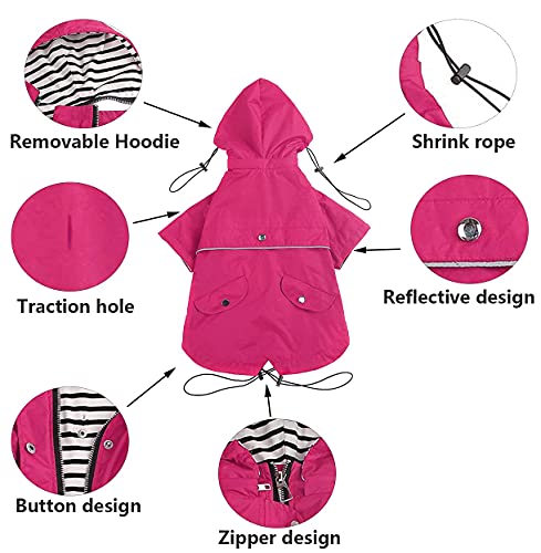 Pethiy- Elegante Chubasquero para Perro,Impermeable Abrigo con Botones Reflectantes y Bolsillos, Resistente a la Lluvia/al Agua,con Capucha extraíble, para pequeños y medianos Perros-Rosa-M