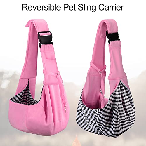 PetLoft Bolso Bandolera Transportín, Reversible Bolso Porta Mascotas Sling, Ajustable Bolsa de Hombro Cruzada para Perro con Gancho de Collar para Perros / Gatos / Conejos de hasta 11 Libras-Rosado