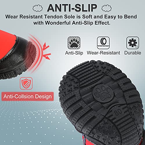 PETLOFT Botas para Perros, 4pcs Antideslizante Botas Perro con Correa de Cierre Adjustable para Perros Pequeños Medianos Grandes, Fácil de Poner Perro Protector Pata (M, Rojo)