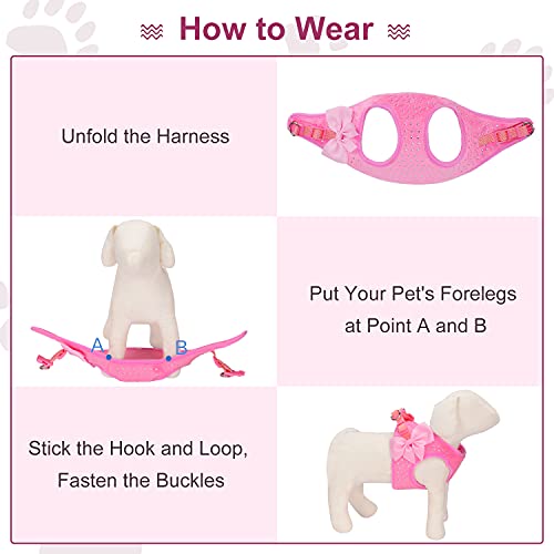 PETLOFT Rosa Arnés y Correa para Perros Pequeños, Suave Rosa Diamantes de Imitación Brillantes Sin-Tirar Arnés y Correa con Bolsa para Perros Pequeños, Productos para Mascotas (M, Rosa)