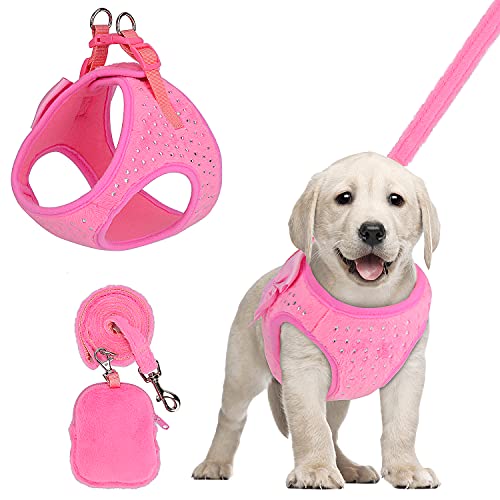 PETLOFT Rosa Arnés y Correa para Perros Pequeños, Suave Rosa Diamantes de Imitación Brillantes Sin-Tirar Arnés y Correa con Bolsa para Perros Pequeños, Productos para Mascotas (M, Rosa)