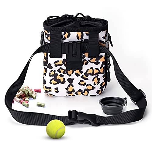 Petotw Bolsa premios Perro con Dispensador De Bolsas De Caca, Bolsa de Entrenamiento para Perros,uenco Plegable Gratis, Bolsa De Golosinas para Perros para Comida, 4 Formas De Usar (Leopardo)