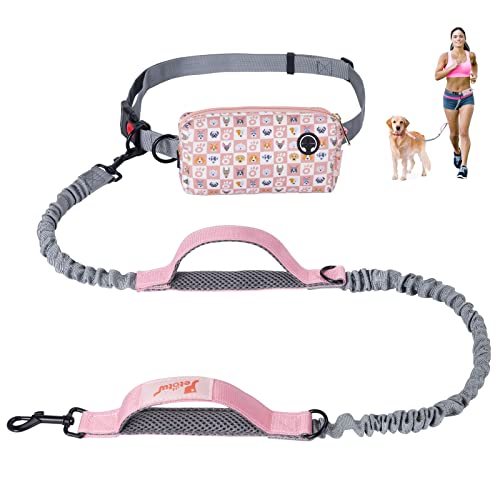 Petotw Correa para Perros Manos Libres con Bolso excrementos y Costuras Reflectantes,Correa Manos Libres para Correr con Perros,Correas Elásticas de Doble Manija para Caminar,Rosa