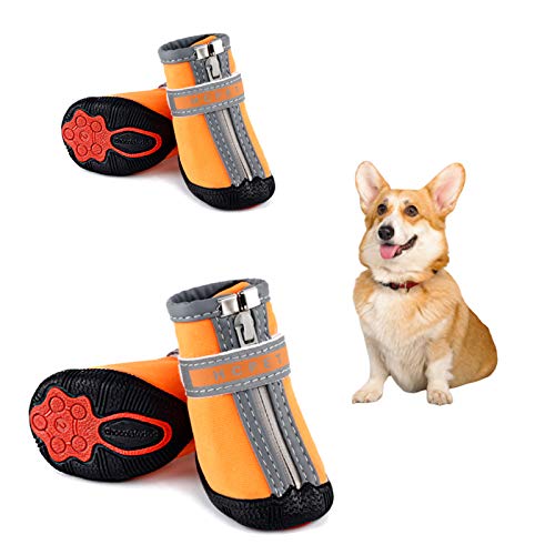 Petotw Zapatos Impermeables para Perros Botas Antideslizantes para Perros Protector de Pata con Tira Reflectante Botas para Perros Pequeños y Medianos 4 Piezas (S, Naranja, 4#)