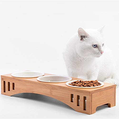 Petsoigné Cuenco para Gatos Perros Elevado Plato Gato Perro en Cerámica/Acero Inoxidable con Soporte de Bambú (3 Cuencos, Cerámica)