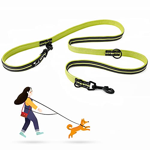 PETTOM Correa Perros Manos Libres, 7 en 1 Multifunción Ajustable Cuerda Nylon Reflectante Doble Correa para Correr, Caminar, Trotar , (M, Verde)