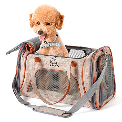 PETTOM Transportín Perro Gato Plegable con Tira Reflectante Parte Inferior Acolchada y Rigido Pet Carrier Impermeable Transpirable para Pequeños Mascota Viajes Avion Coche o Tren Camello