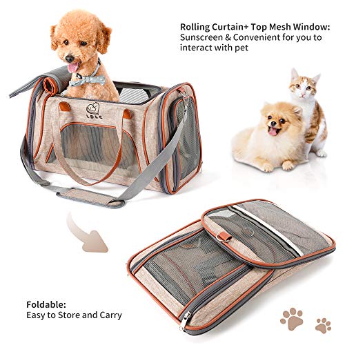 PETTOM Transportín Perro Gato Plegable con Tira Reflectante Parte Inferior Acolchada y Rigido Pet Carrier Impermeable Transpirable para Pequeños Mascota Viajes Avion Coche o Tren Camello