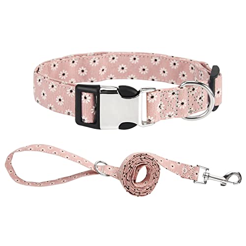 Piang Gouer Juego de collar y correa, diseño de flores, collar para mascotas con hebilla de metal, tamaño ajustable, collar para gatos para perros pequeños y medianos (rosa-L)