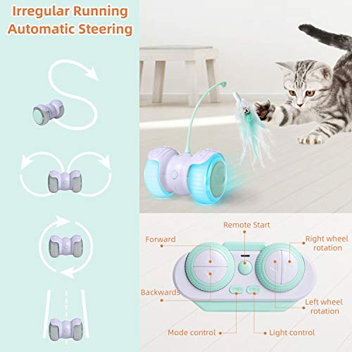 Pidsen Juguetes Interactivos para Gatos, Manual Control Remoto LED Luz Plumas con Campana Bola de Gato, Automático Irregular de Carga USB 360 Grados de Bola Giratoria Juguetes para Gatito