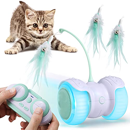 Pidsen Juguetes Interactivos para Gatos, Manual Control Remoto LED Luz Plumas con Campana Bola de Gato, Automático Irregular de Carga USB 360 Grados de Bola Giratoria Juguetes para Gatito