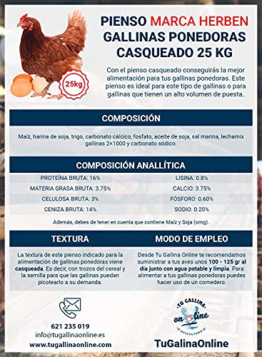 Pienso Gallinas Ponedoras Casqueado, Saco de 25 Kg | Pienso de 1º Calidad, Rico en Nutrientes y Propiedades