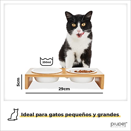 PiuPet® Bol para Gatos - Bol de Comida para Gatos con un Elegante Marco de bambú - Bol para Gatos y Perros pequeños - Estación de alimentación elevada para