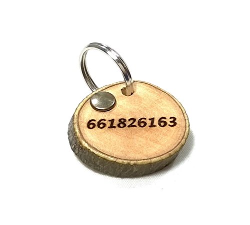 Placa Identificación para Perro y Gato, Etiqueta Identificativa Personalizada, Grabado de Nombre, Teléfono y Dirección, Hecho Mano de Madera Olivo, Llavero Acero Inoxidable, Pequeño, Mediano & Grande