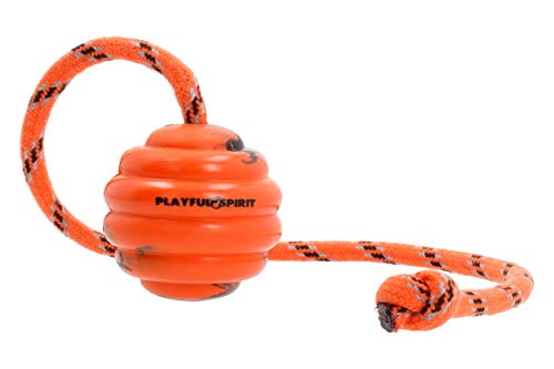 PlayfulSpirit Pelota de Goma con Cuerda – Juguete para Perros – Pelota de adiestramiento para Perros - Juguete de Tamaño Medio para Jugar a la Captura, la Cogida, para Lanzar y Halar