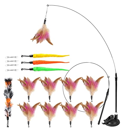 Pluma con Ventosa, Juguetes para Gatos con Campana, 12 Plumas Recambios, Juguetes para Gatos Interactivos Varita Ventosa con Alta Resistencia, para Gato Jugar Solo Juguetes Interior Gatitos HONGDDY